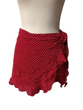 For Love & Lemons Red Polka Dot Ruffle Wrap Shorts Skirt Sz L